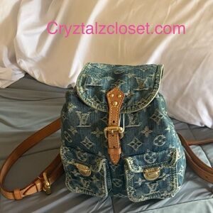 Louis Vuitton Blue Denim Backpack with Tan Leather